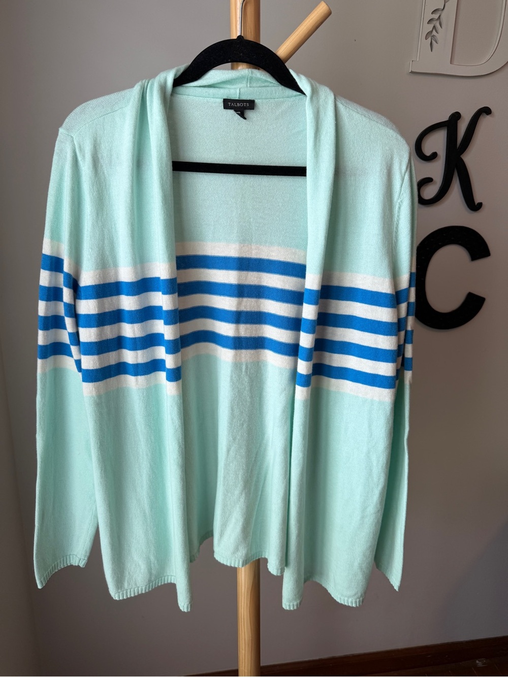 Talbots Open Cardigan Sweater Size Large Mint Blue Striped Lightweight Knit